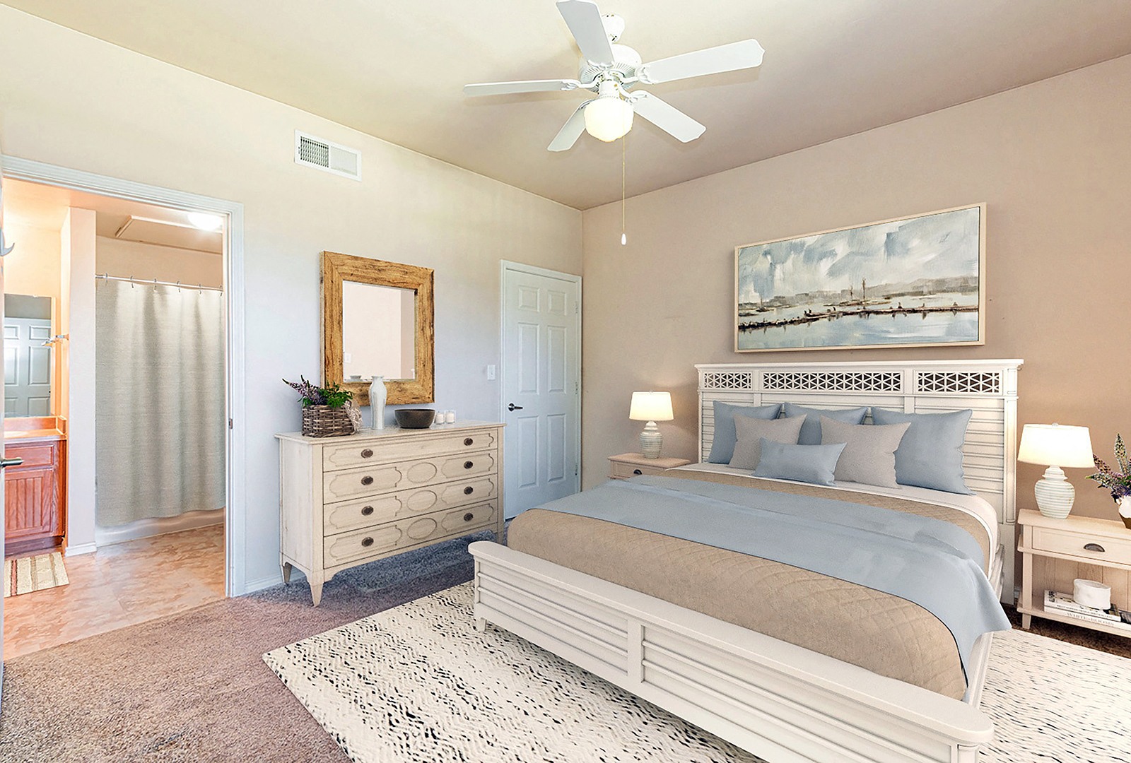 a bedroom with a bed and a ceiling fan